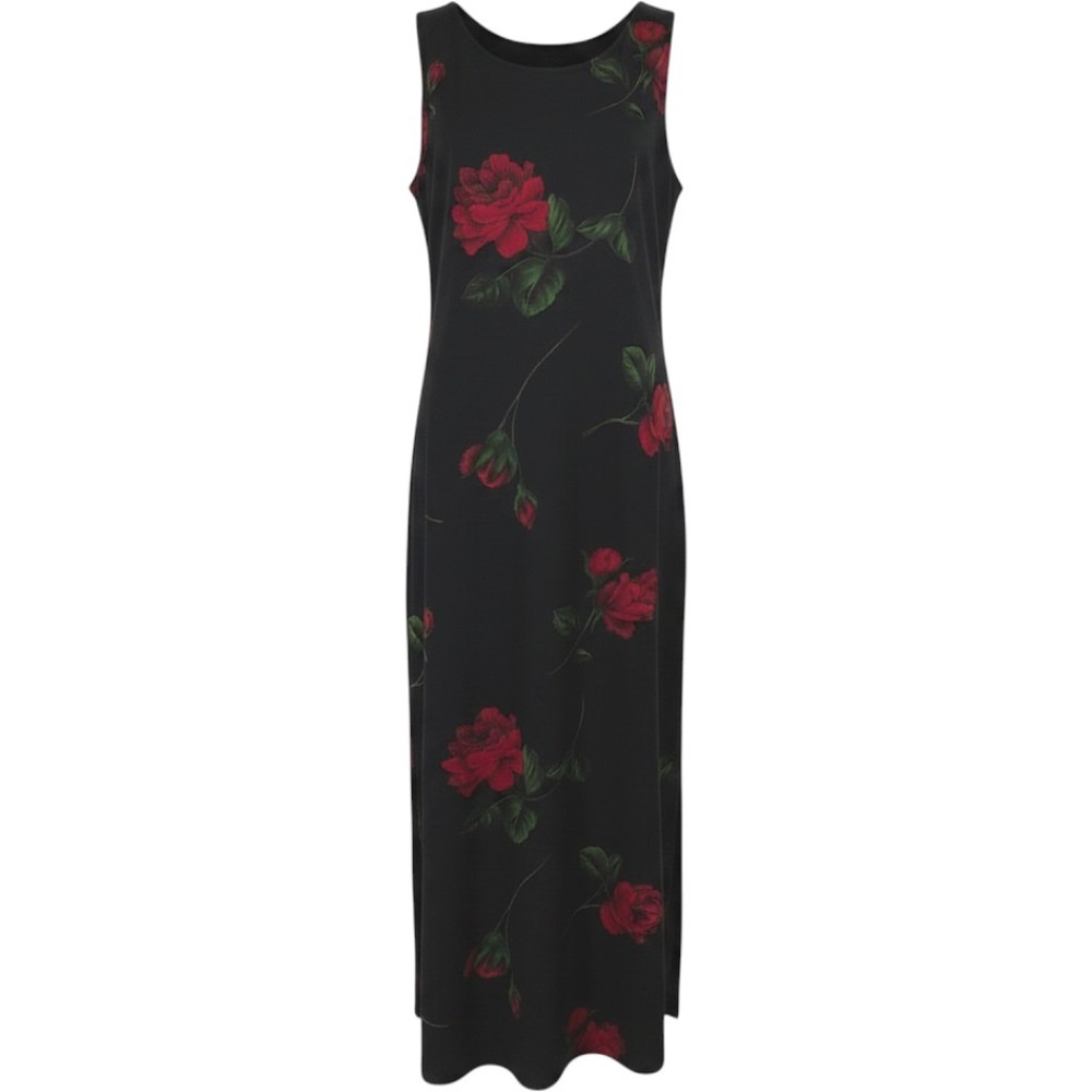 Vintage 90s Black Red Rose Floral Maxi Dress Sleeveless Size M Phoebe Romantic